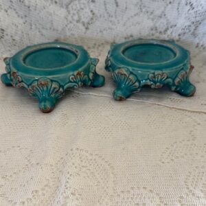 Firefly Candle holder pair teal and brown 6.5” by 2” for 3” wide pillar candle